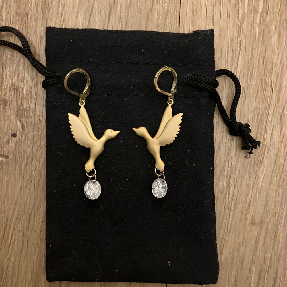 Gold Bird Earrings with Crystal Drop